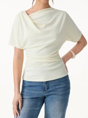 OGL Yellow Cornsilk Asymmetrical Cowl Neck Ruched Top Size Medium Short Sleeve